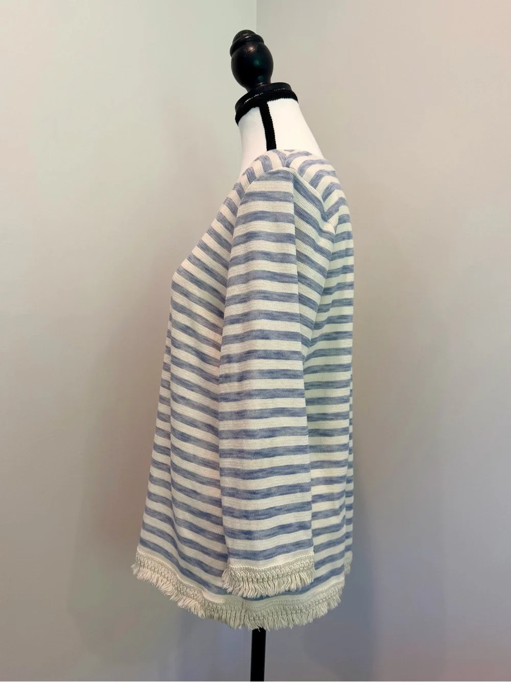 J.Jill 100% Cotton Coastal Blue White Striped Fringe Hem Tunic Top Medium